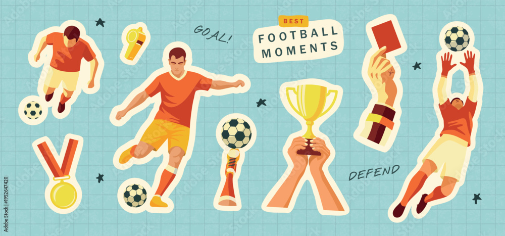 Obraz premium Set of football stickers with soccer player, goalkeeper, ball, trophy, medal and referee elements in modern flat style for sport design, tournament promotion and game illustration, vector clipart