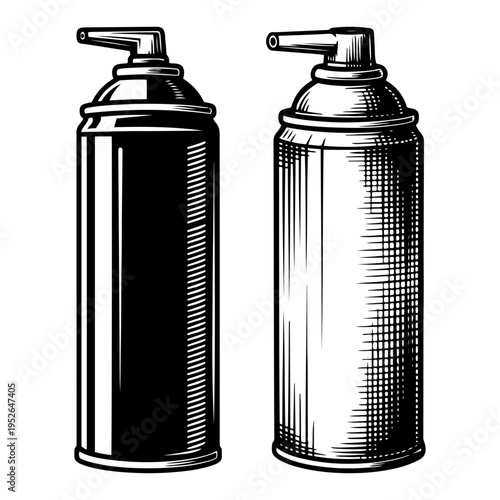 Two aerosol spray cans for paint or chemicals in classic woodcut engraving vector style