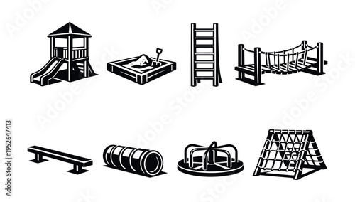 Set of playground equipment silhouettes including slide swing and climbing frame in black and white