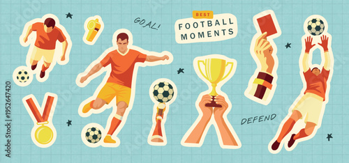 Set of football stickers with soccer player, goalkeeper, ball, trophy, medal and referee elements in modern flat style for sport design, tournament promotion and game illustration, vector clipart