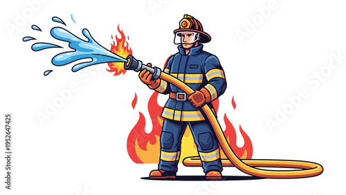 Firefighter at Work: A brave firefighter fearlessly battles a raging blaze, expertly wielding a water hose to extinguish the flames, a symbol of courage and public service.