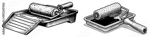 Set of professional paint rollers and trays for home renovation in vintage woodcut style