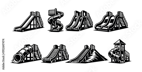 Vector illustration of playground slides in black and white silhouette style set
