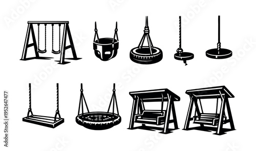 Black and white vector silhouette of playground swing and seat collection