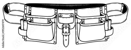 Vintage engraving of a professional leather tool belt for construction workers and carpenters