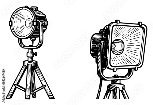 Vintage engraving of professional construction spotlights and tripod studio lamps for lighting equipment