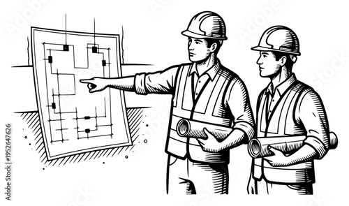 Two professional engineers reviewing architectural building blueprints in vintage woodcut engraving style