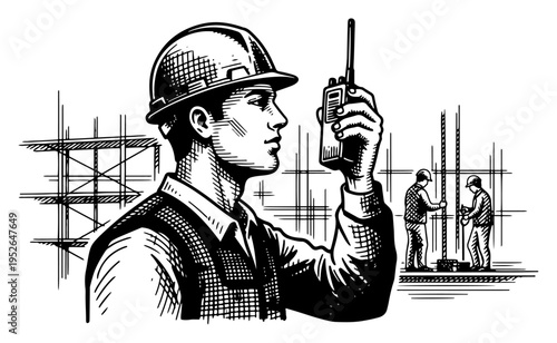 Construction site supervisor using walkie talkie radio near scaffolding in vintage woodcut style