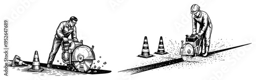 Road workers using concrete saw cutting asphalt at construction site in vintage woodcut style