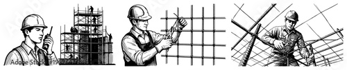 Collection of construction worker activities including radio communication and rebar installation in woodcut style