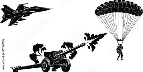 Black and white of military jet fighter airplane parachuter and anti aircraft gun