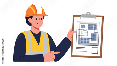 Solar Panel Plan: An engineer, garbed in a safety vest and hard hat, presents a blueprint of solar panels, symbolizing sustainable energy and engineering innovation.
