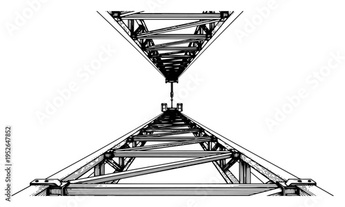Vintage hand drawn engraving of an industrial metal crane boom or steel truss structure