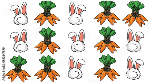 Cute seamless vector illustration featuring playful bunny heads and fresh carrot bunches for spring design.