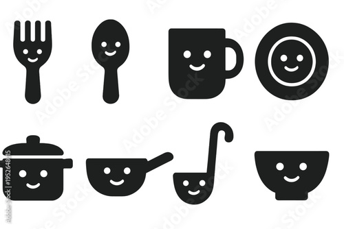 Cartoon Kitchen Icons. Cartoon kitchen buddies. Filled icon set of Cartoon kitchen buddies: cartoon fork,