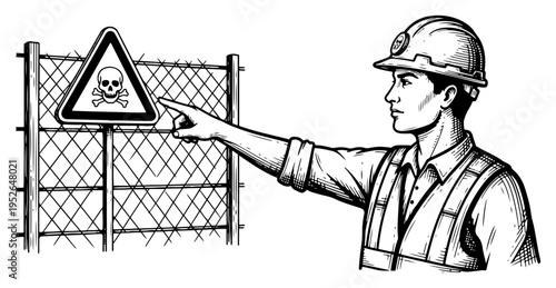 Construction worker pointing at a danger warning sign on a perimeter fence in vintage woodcut style