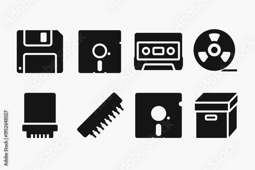80s Data Icons. 80s data storage icons. Filled icon set of 80s data storage icons: floppy disk, mini-floppy,