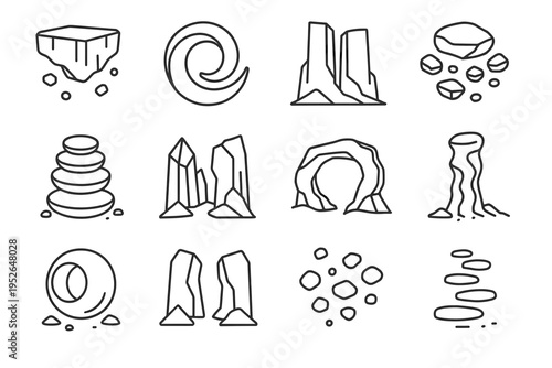 Surreal Desert Icons. Surreal desert rock formations. Line outline icon set of surreal desert rock formations: