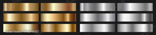 Metallic gold and silver foil gradients set featuring glossy sheen samples, abstract modern vector backgrounds and stylish layout elements