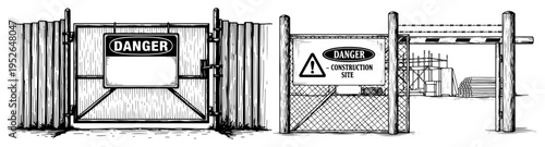 Security gates and perimeter fences with danger signs for a construction site in vintage woodcut style