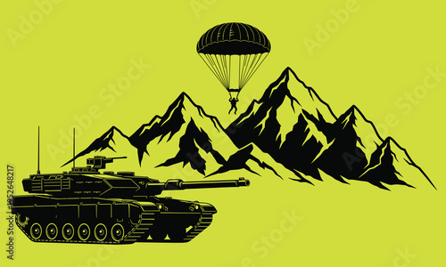 Black silhouette of tank and parachuter against yellow background with mountains