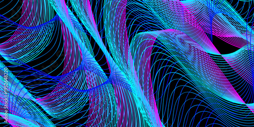 An artistic 3d fractal wallpaper features a futuristic motion design of colorful geometric lines and waves spiraling into a vibrant swirl over a dark black backdrop