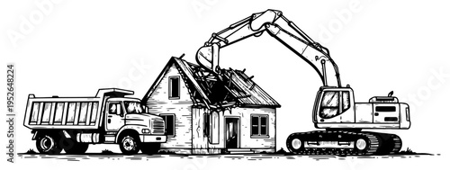 Heavy excavator demolishing an old house next to a dump truck in woodcut style