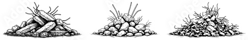 Piles of construction debris and broken concrete rubble in vintage woodcut style