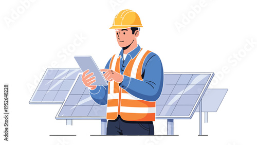 Solar Engineer's Review: An engineer, donned in safety attire, diligently reviews data on a tablet amidst solar panels. This scene exemplifies dedication to sustainable power