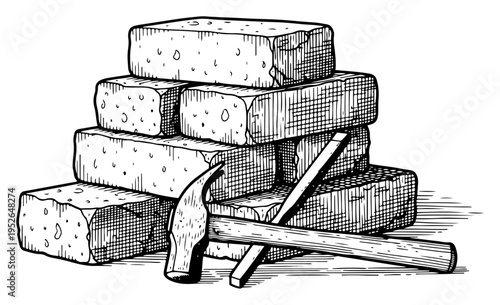 Stack of building bricks with a masonry hammer in classic woodcut engraving style