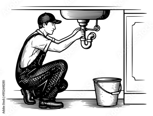 Professional plumber repairing a kitchen sink pipe in vintage woodcut engraving style