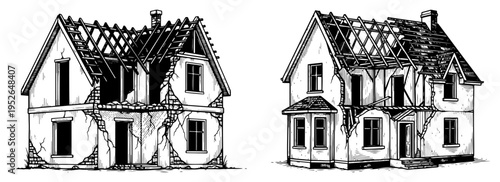 Vintage engraving of a ruined and abandoned house with damaged roof and cracked walls