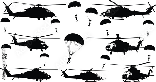 Black silhouettes of helicopters and parachuters on white background