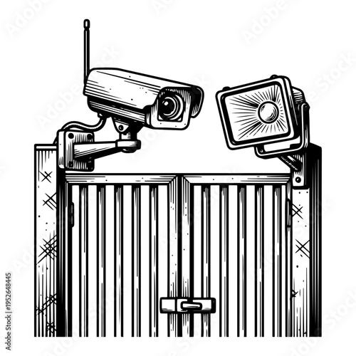 CCTV surveillance camera and industrial floodlight mounted on a gate in woodcut style