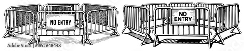 Metal perimeter security barriers with no entry warning signs in vintage woodcut style