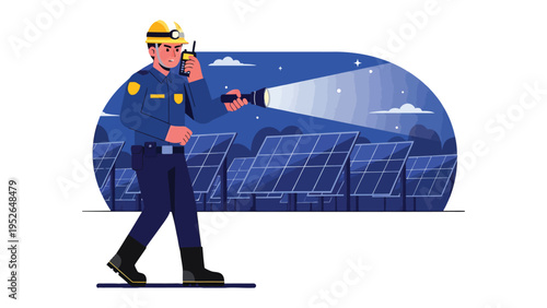 Solar Panel Security: An evening scene showing a security guard conducting a patrol inspection with a flashlight, illuminated solar panels as backdrop. 