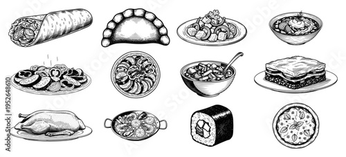 Collection of diverse international food dishes and restaurant meals in vintage woodcut engraving style