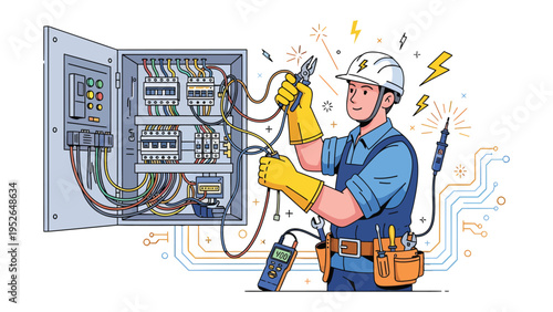 Electrical Work: A skilled electrician at work, meticulously inspecting and repairing electrical wiring within a control panel, showcasing expertise and precision.