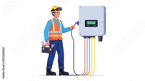 Power Technician at Work: An electrician is depicted, diligently attending to a power unit, highlighting the critical role of energy and expertise.