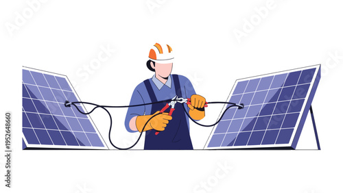 Solar Panel Installation: A dedicated technician in protective gear expertly connects solar panels, symbolizing the advancements in sustainable energy