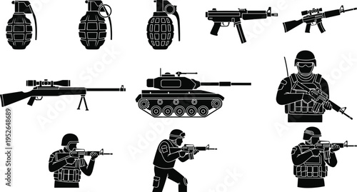 Black silhouettes of military and soldiers on white background