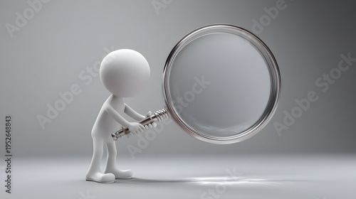 3D White Man Character Holding Magnifying Glass Examining Something.