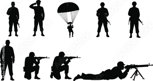 Black silhouettes of soldiers in various combat positions and actions