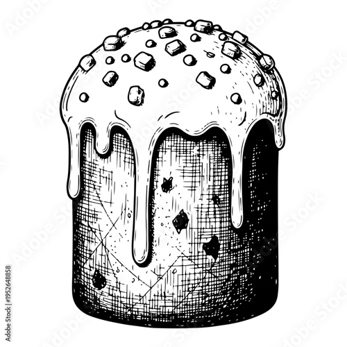 Vintage hand drawn engraving of a traditional Easter cake decorated with sweet sugar glaze and sprinkles