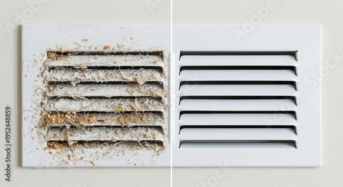 Dirty dust clogged air vent contrasted with a clean clear one.