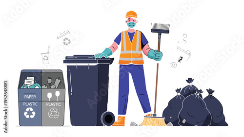 Waste Management Worker: A dedicated sanitation worker stands ready to tackle waste management, ensuring a clean and organized environment with recycling and cleanliness.