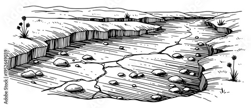 Desert landscape with a dried riverbed and cracked soil in vintage engraving style
