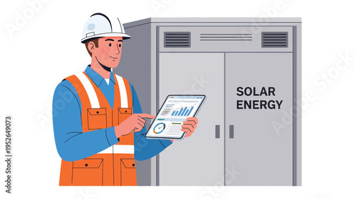 Solar Energy Engineer: An engineer in safety gear monitoring a solar energy control panel with a tablet, symbolizing sustainable practices and innovation. 