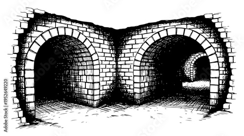 Vintage hand drawn engraving of old stone archways and tunnels in a dungeon or cellar