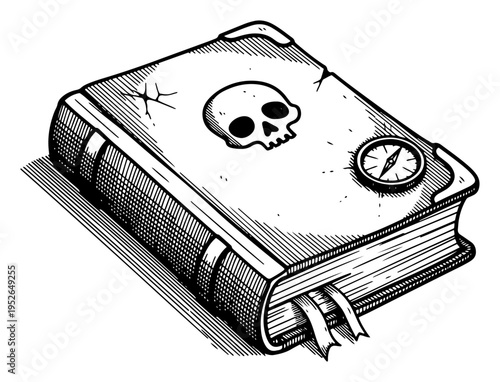Vintage hand drawn engraving of an old mysterious grimoire book with a skull and compass on the cover